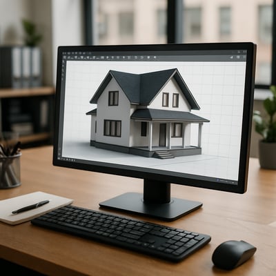 office pc with a 3d model of a house showing on the screen
