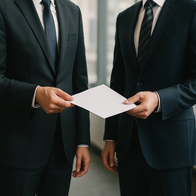 photo of business men without showing the faces where one of them is giving a paper to the other one